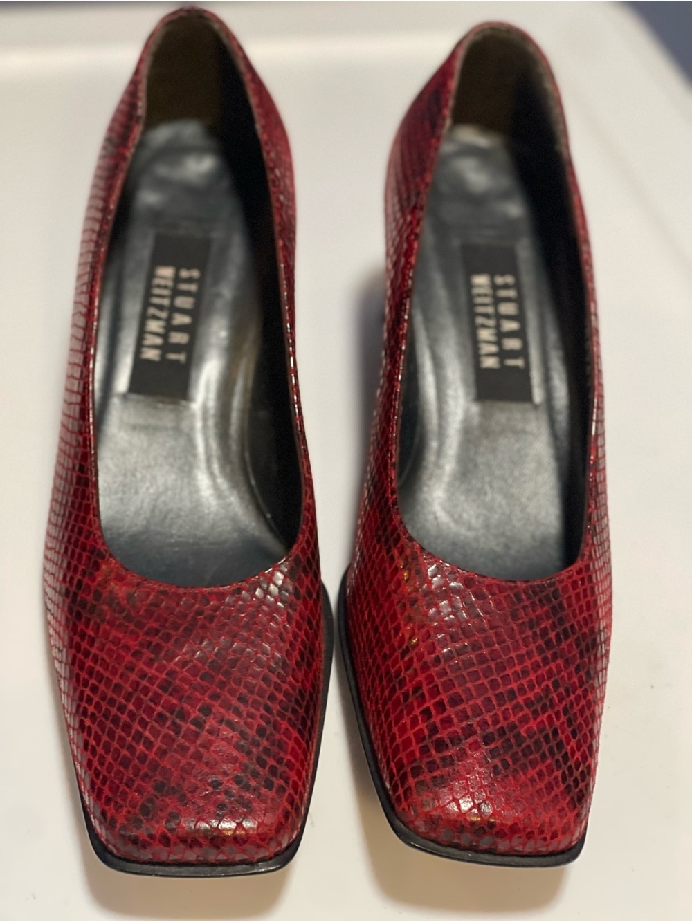 Stuart Weitzman Red Snakeskin Embossed Leather Pumps Block Heel, 7.5B
